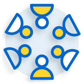 图示的人物从肩膀以上排列成一个圆圈. 它们的颜色有蓝色、白色和金色